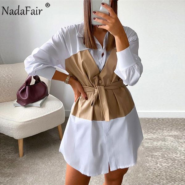 

nadafair long sleeve mini dress women tunic bow sash a-line wrap shirt leather patchwork casual short 2021 woman dress, Black;gray