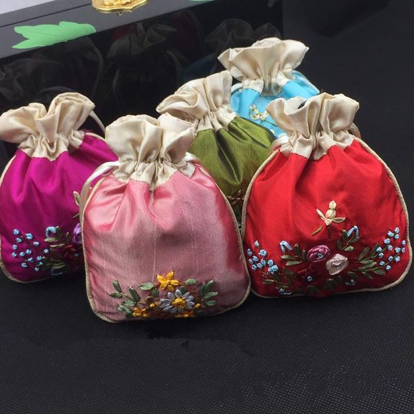 

handmade ribbon embroidery small packaging bags for satin fabric jewelry gift pouches drawstring spices storage bag sachet, Pink;blue