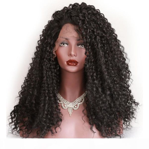 

african american kinky lace front wigs heat resistant glueless 180 density kinky curly synthetic lace wig long for black women, Black;brown