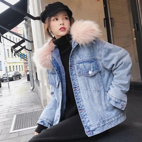 

2021 new veet thick denim jacket women autumn winter pink big faux fur collar korea jean female streetwear short coat cm4q, Black;brown