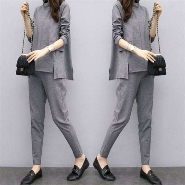 

2020 elegand 2 piece set women office lady tracksuit long sleeves pencil pants suit female fall autumn clothes 5xl1, Gray
