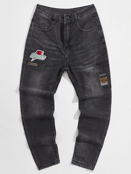 

men letter patched washed jeans m8mv#, Blue