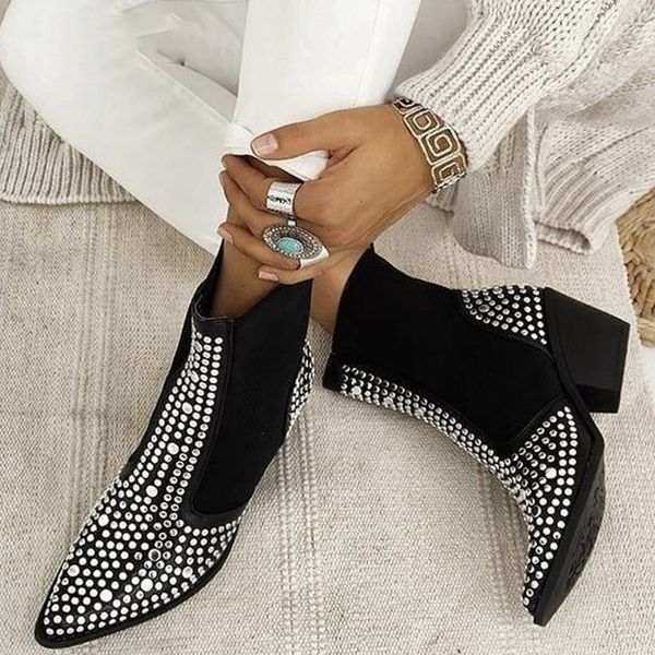 

2021 the new women's ankle boots winter female glitter boot rivets to mid-heel shoes enjl, Black