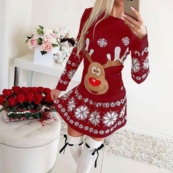 

casual dresses long sleeve round neck christmas dress elk print plus size women autumn and winter k2, Black;gray