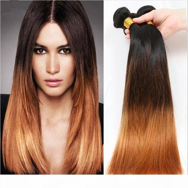 

virgin brazilian #1b 4 30 ombre human hair weaves silky straight brazilian 3bundles dark roots three tone ombre hair wefts extensions, Black