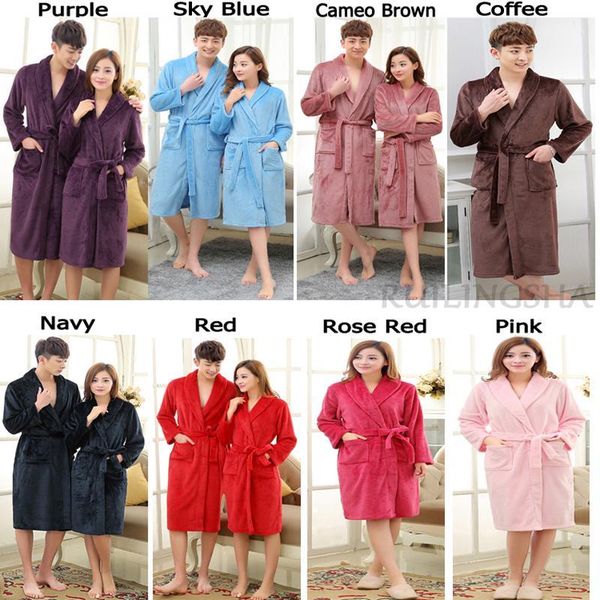 

men women winter bathrobe mens warm silk flannel long kimono bath robe male bathrobes lovers night dressing gown1, Black;brown
