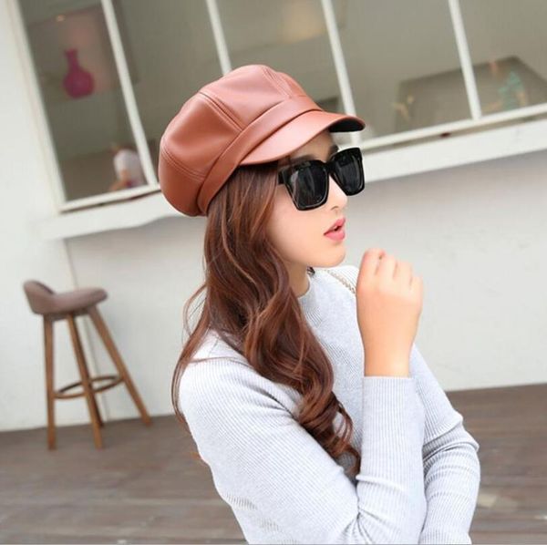 

new pu leather beret hat winter hats for women men painter newsboy cap male vintage beret female black boinas england style hat wmtbfj, Black;white
