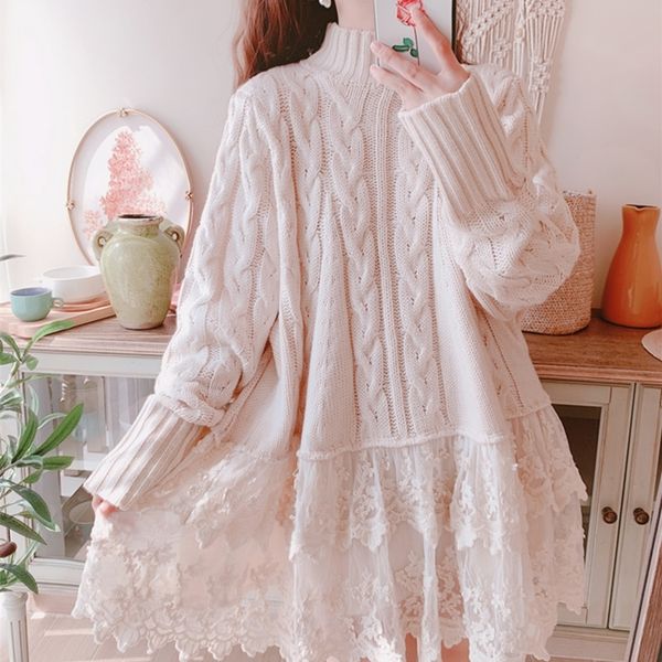 

original design aigyptos spring autumn women causal loose pullover sweater sweet cute embroidery lace patchwork twisted sweater 201030, White