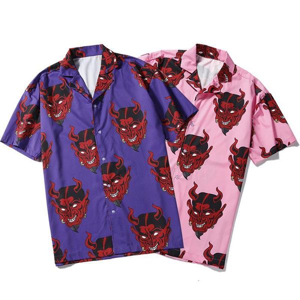 

men shirt men short sleeve shirt beach shirt fashion print button streetwear devil shirts hawaiiaanse men beach shirts, White;black