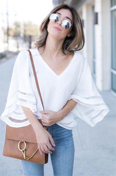 

bell sleeve loose blouses shirt v neck blouse shirt loose summer wide sleeve women shirts clothes will and sandy gift, White