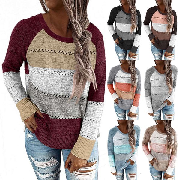 

women's stitching color sweater hollow out knitted sweater round neck long sleeve wild sweater8uy, Black