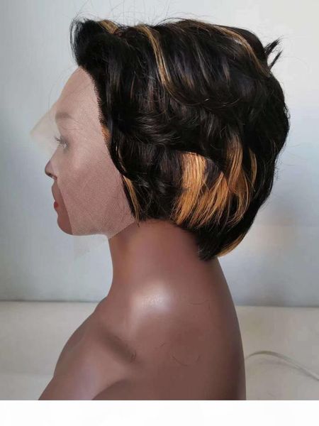 

highlight honey blonde human hair lace front wig 13x4 pixie cut short brazilian straight glueless wigs for black women 1b 27 colored wig, Black;brown