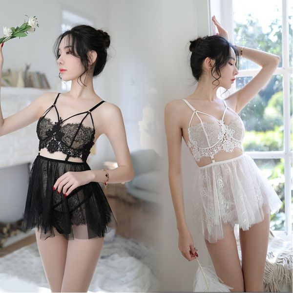 

lingerie female winter water soluble floating flower eyelash lace perspective temptation sling nightgown sleepwear, Red;black