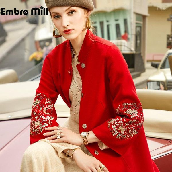 

red double-sided wool mid-length windbreaker women's autumn and winter new wrist sleeve chinese style embroidered coat s-xl1, Black