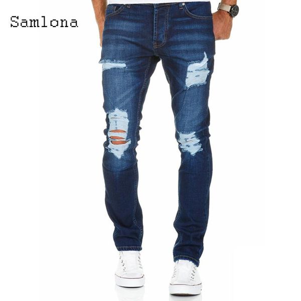 

plus size men jeans denim pants spring autumn slim bottoms pant male hole ripped denim jeans pencil trousers mens clothing 2021, Blue