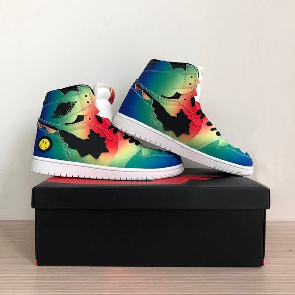 

j balvin x 1 high og mens basketball shoes 1s colores y vibras tie dye multi-color rainbow dc3481-900 mens sneakers, White;red