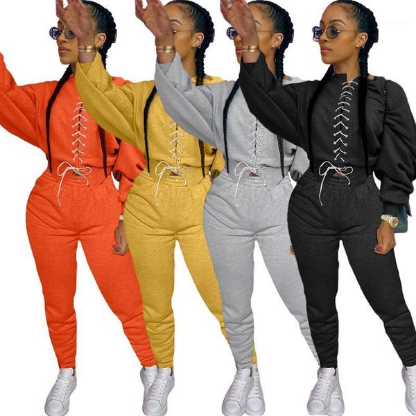 

women autumn winter outfits solid 2pcs sets long sleeve tie up bandage sweatshirt + long pant sport wear casual lounge wear1, Gray