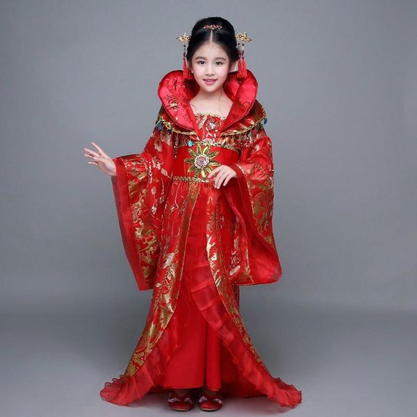 

stage wear arrival red chinese princess costume kids traditional dress for show child fairy chang'e folk dance 89, Black;red