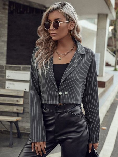

striped print crop blazer 35tv#, White;black