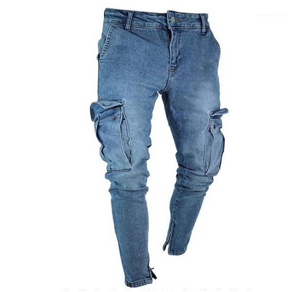 

spring autumn new mens streetwear skinny pantalones designer multiple pockets denim jeans hiphop skateboard pencil pants, Blue