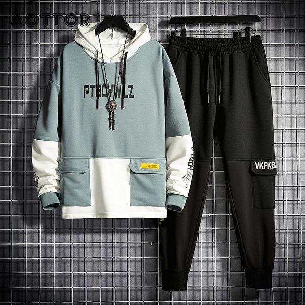 

men tracksuit jogging suit patchwork hoodies set male fleece hoodies+pants workout two piece sets gym sportswear suit clothing, Gray