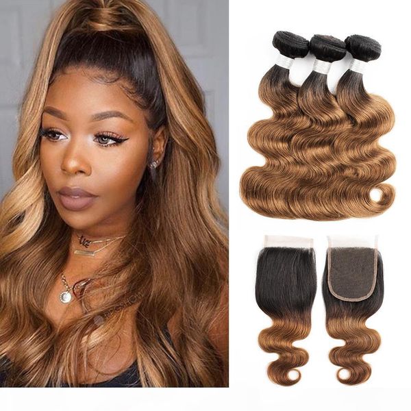 

ombre brown hair bundles with closure 1b 30 dark roots peruvian body wave hair 3 bundles with 4x4 lace closure remy hair extensions, Black;brown