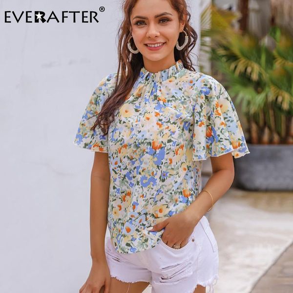 

women's blouses & shirts everafter floral print women blouse casual short sleeve office lady work wear summer chic ruffles blue shirt, White