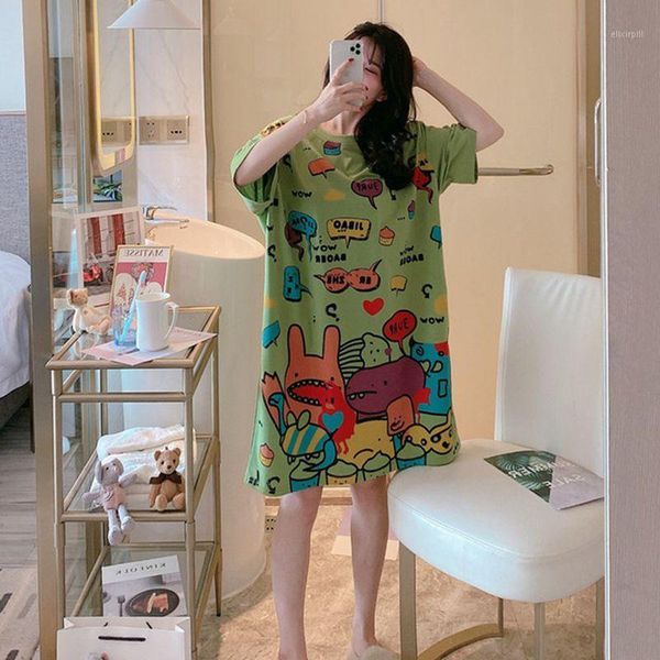 

oversized summer loose women cartoon sleepwear leisure short sleeve thin nightgowns printing fruits big size nightdress1, Black;red