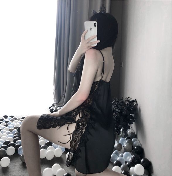 

costumes women nightwear lingerie cutout lace seductive underwear home clothes for women erotic pajamas perspective split, Black