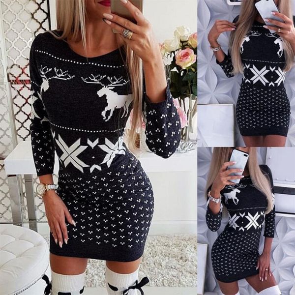 

2021 christmas bodycon dresses for women fashion xmas print woman dress long sleeve spring autumn clothing female, White;black