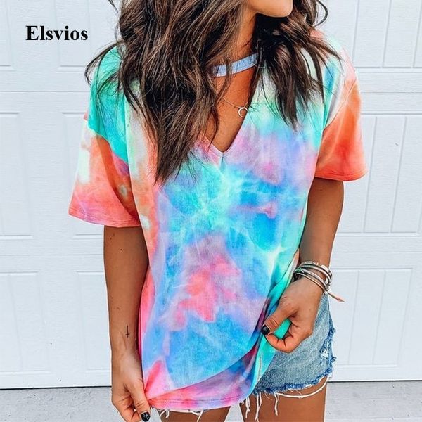 

5xl tie-dye printed shirt blouse summer short sleeve women sweatshirt elegant spring o neck shirts blusa streetwear mujer y200622, White