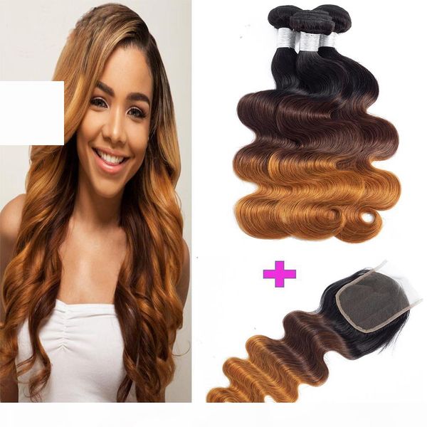 

brazilian body wave hair with closure ombre color peruvian malaysian indian virgin human hair bundles with 4x4 lace closure 8-28inch, Black;brown