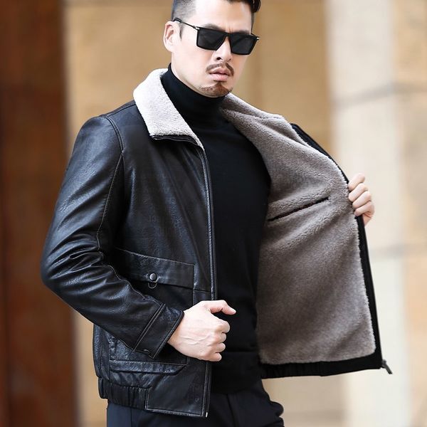 

mens winter warm genuine leather jacket.90% white duck down coat.quality soft leather clothes.faux fur collar y1120, Black