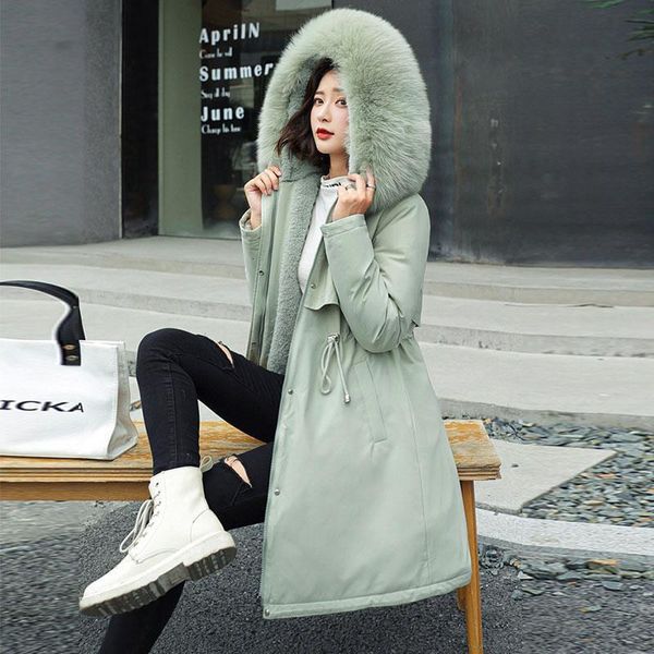 

women padded coat hooded mid length big fur collar down cotton liner jacket female thick 2020 winter plus size outerwear warm 34, Black