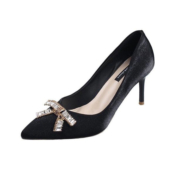 

dress shoes lady elegant sequins crystal bow pointed toe women pumps party office shoe fashion high heel woman, Black