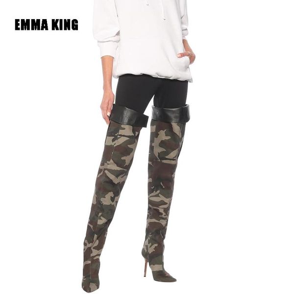 

women fashion pointed toe over the knee boots winter camouflage canvas long boots women designer high heels shoes 2020, Black
