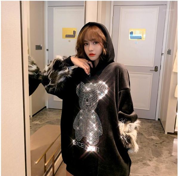 

women high street cartoon studded sequins sweatshirts winter warm fleece velvet jumper black casual hooded pullovers1