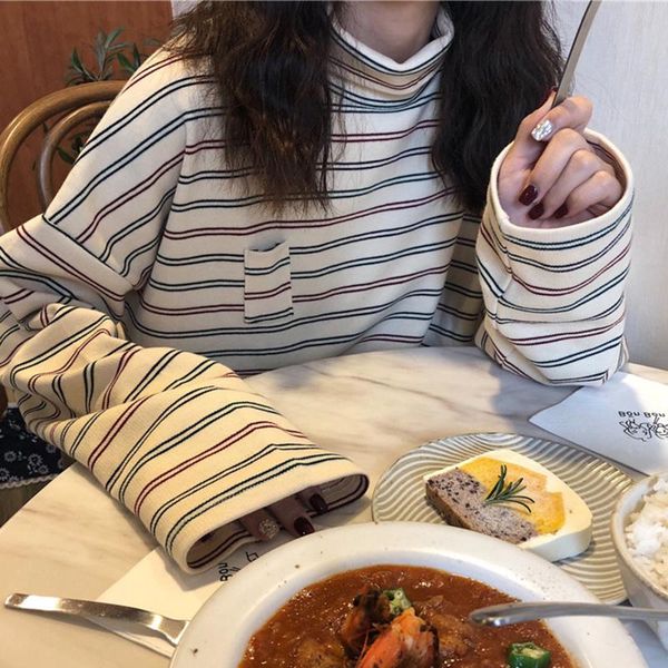 

tee shirts woman 2020 spring new korean harajuku striped turtleneck t-shirt for women long sleeve t-shirts casual, White
