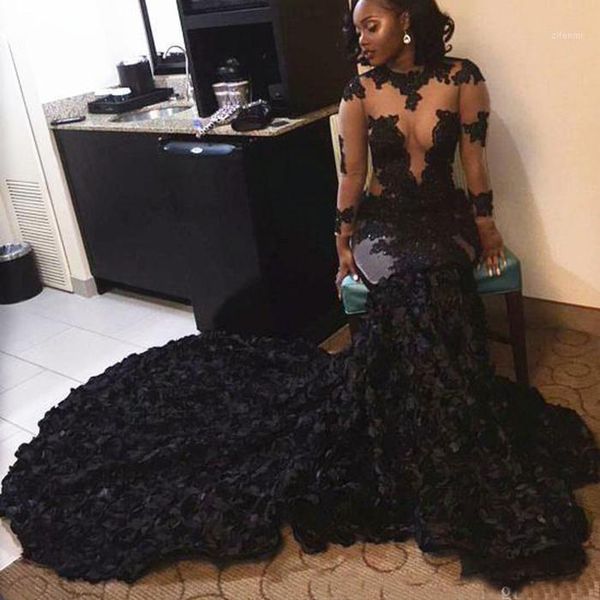 

african black prom dresses mermaid 2020 lace appliques mermaid long sleeves illusion sweep train evening gowns1, White;black