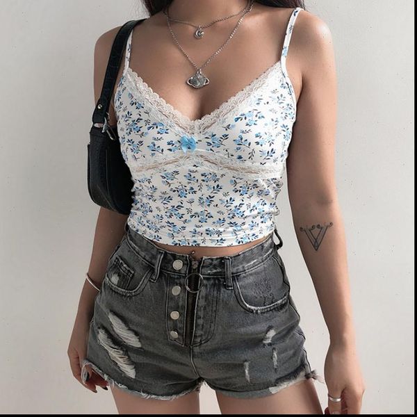 

edge floral print crop women lace patchwork sleeveless camis party clubwear v neck slim rave streetwear streetwear, White