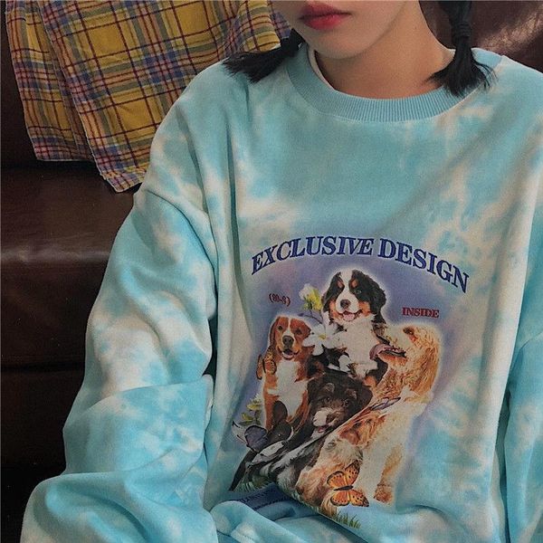 

2021 autumn ins fashion vintage tie dye loose pullover long sleeve dogs print oversized sweatshirt women streetwear, Black