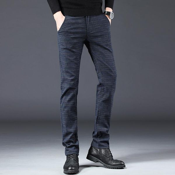 

2021 autumn men thicken plush warm slim straight pants gray loose plaid leggings trousers male casual cropped stretch slacks, Black