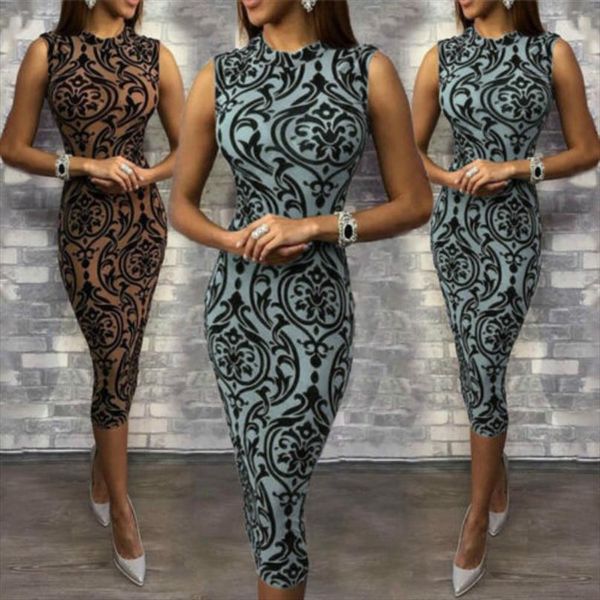 

2019 party dress women elegant mid calf dress bodycon floral print sleeveless evening lady clothes drop shipping, Black;gray