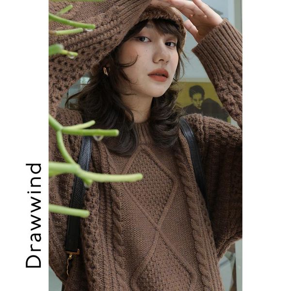 

french elegant women's thickened sweater round neck retro twist knitted coat, White;black