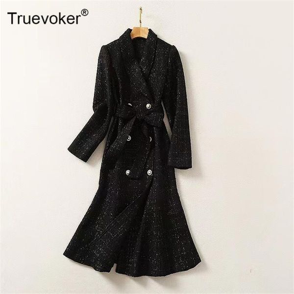 

truevoker женская зима high street мода полный рукав двубортный элегантный черный шерстяные смеси русалка теплое платье, Black;gray