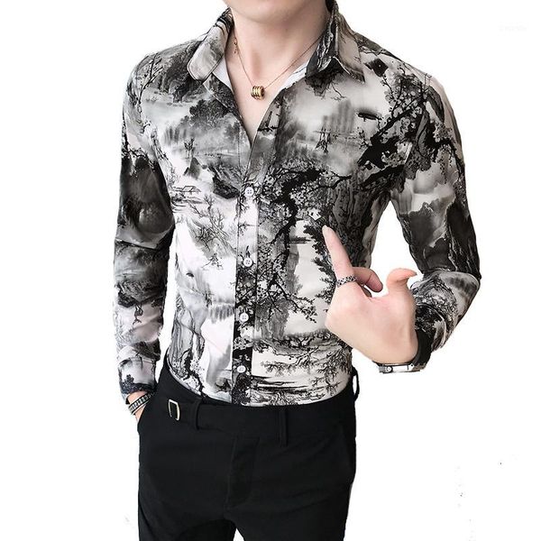

men casual shirt dress brand new slim fit long sleeve print social shirt mens business formal wear night club tuxedo1, White;black