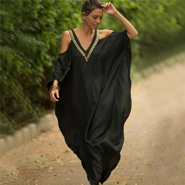 

2020 cold shoulder v neck bats sleeve loose summer beach dress plus size women beachwear kaftan black cotton dress n943, Black;gray