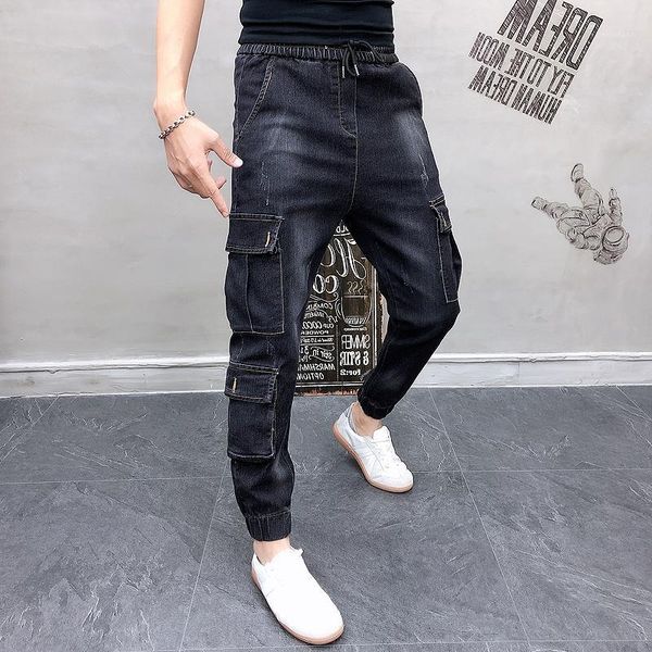 

jeans male cowboy overalls ankle banded pants elastic sweatpants men fit solid denim harem pant casual jogger casual pants jeans1, Blue