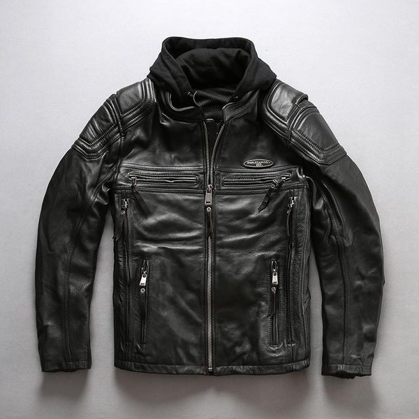 

hooded pattern 2020 motorcycle men hat removable cow leather coat men's winter moto biker jacket embroidery1, Black