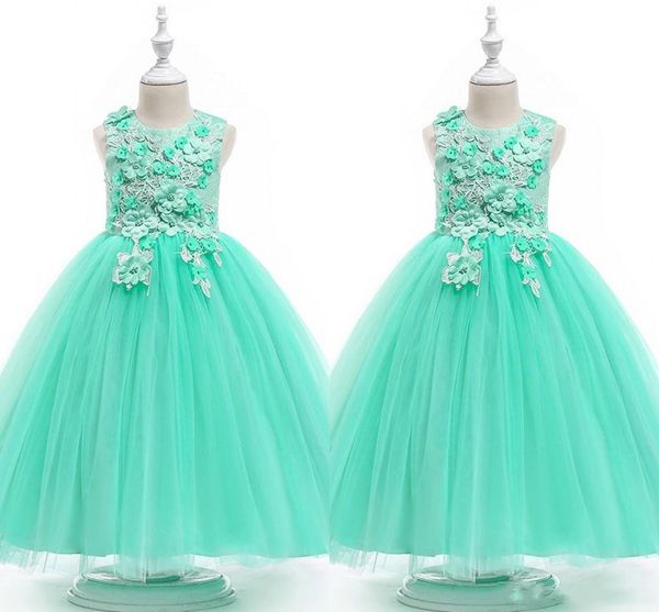 Mint Green Ball Vestido Flor Meninas Vestidos 2020 Lace 3D Flores Frisado Tampão Manga Jóia Meninas Prom Vestido Pageant Toddler Primeiro vestido de Comunhão